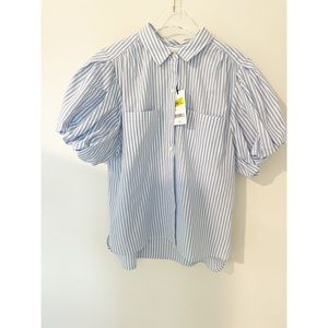 Blue and White Stripe Button-DownTop with Puff Sleeves Size LG